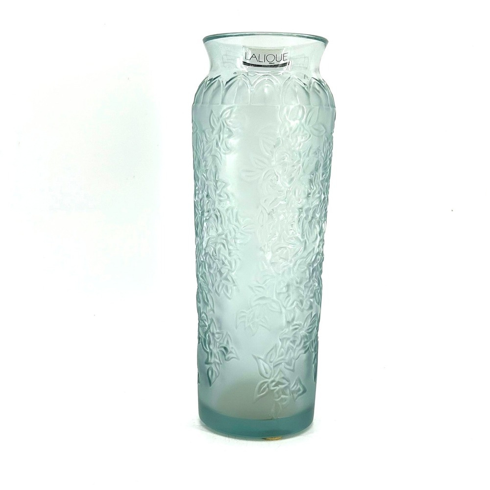 Lalique France Bougainvillier Frosted Glass Floral Vase Blue W/Original BoxPaper